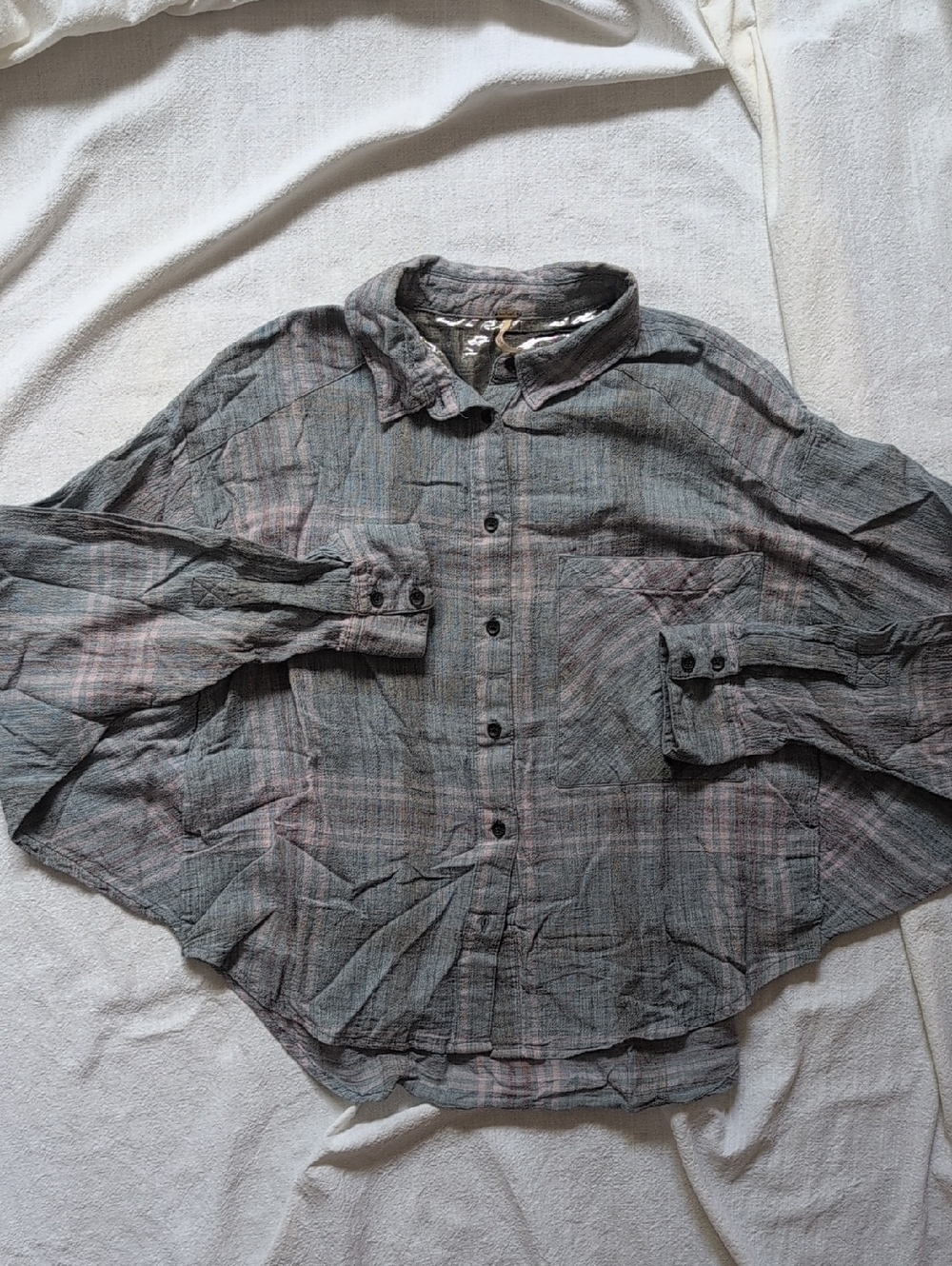 Free People Gray Plaid Button Front Batwing Shirt